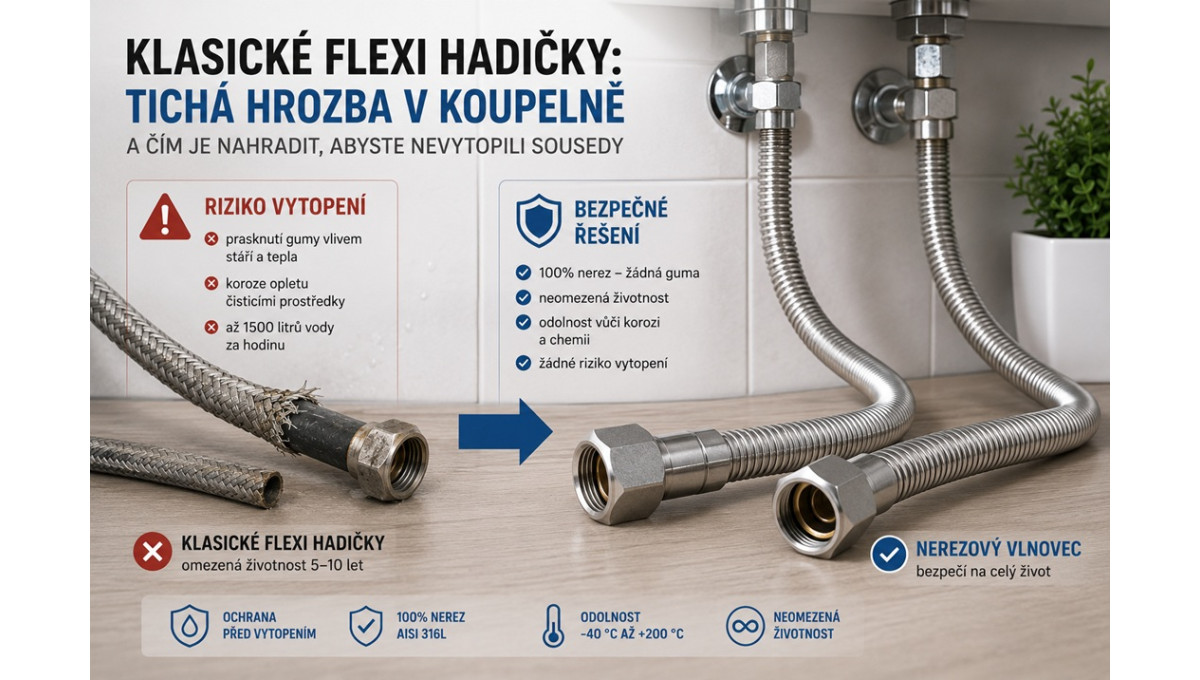 Klasické flexi hadičky: Tichá hrozba v koupelně a čím je nahradit, abyste nevytopili sousedy