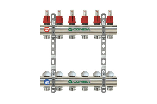 Rozdělovač podlahového vytápění 5-cestný se sběračem 1", s průtokoměry a ventily