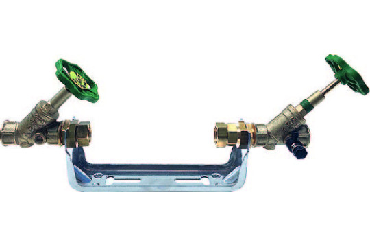Držák vodoměru - nerez - 3/4" přip. šroubění 3/4" x 3/4" - 165 - Qn 2,5 + ventily Schlösser