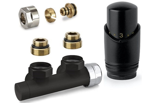 Set pro radiátory, termostatický rohový ventil H s hlavicí M30x1,5, svěrné šroubení, pro PEX-AL-PEX, středové připojení, černá mat