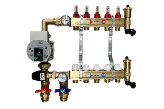 Rozdělovač podlahového vytápění 5 okruhů s el. čerpadlem, směšování 20°C - 50°C, ventily a průtokoměry