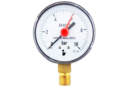 Manometr (tlakoměr) d63mm 0-10 BAR SPODNÍ vývod 1/4" - voda, vzduch