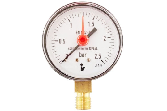 Manometr (tlakoměr) d63mm 0-2,5 BAR SPODNÍ vývod 1/4" - voda, vzduch
