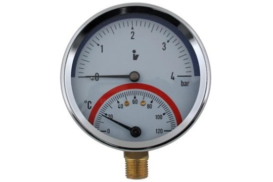 Termomanometr d80mm 0-4 BAR 0-120°C SPODNÍ vývod 1/2" - voda, vzduch