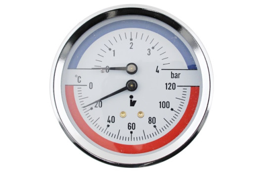 Termomanometr d80mm 0-4 BAR 0-120°C ZADNÍ vývod 1/2" - voda, vzduch
