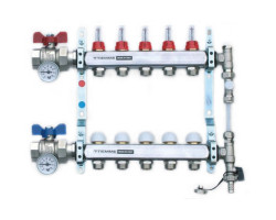 TIEMME 1" Osazený NEREZ rozdělovač, přímý, průtokoměry, 5 okruhů