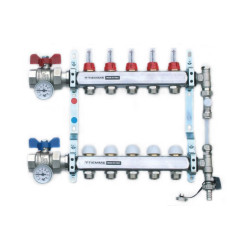 TIEMME 1" Osazený NEREZ rozdělovač, přímý, průtokoměry, 4 okruhy