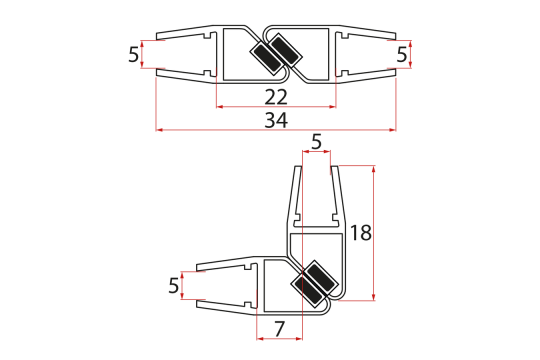 Set magnetických těsnění 45°pro sklo 5/5mm, 2000mm (2ks)