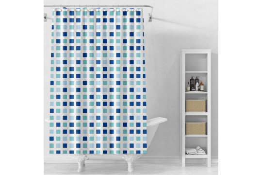 Sprchový závěs 180x180cm, vinyl, bílá, modré kostky