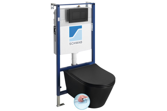 AVVA závěsné WC Rimless s podomítkovou nádržkou a tlačítkem Schwab, černá mat
