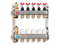Rozdělovač s regulačními šroubeními a průtokoměry, 5 okruhů