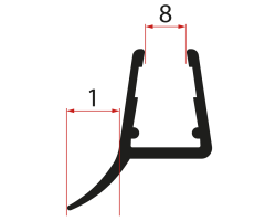 Spodní těsnění na pevné sklo  8mm, 1000mm, černá
