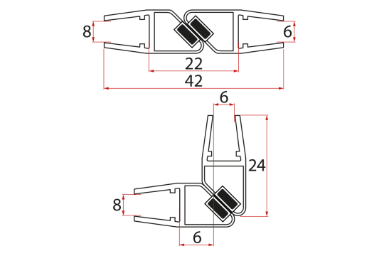Set magnetických těsnění 45°pro sklo 6/8mm, 1900mm (2ks)