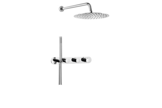 Podomítkový sprchový set s termostatickou baterií a držákem ruční sprchy, 2 výstupy, kulatá, chrom