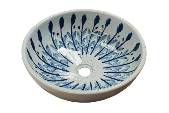 PRIORI keramické umyvadlo, průměr 41cm, bílá s modrým vzorem