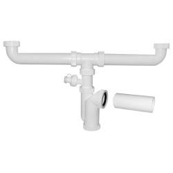 Dřezový sifon s odbočkou 6/4", pro dvojdřez, pračková odbočka, DN50, bílá