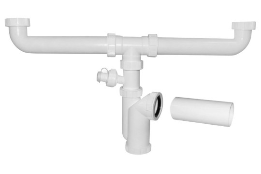 Dřezový sifon s odbočkou 6/4", pro dvojdřez, pračková odbočka, DN50, bílá