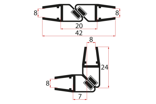 Magnetické těsnění 45° 8/8mm skla, černá