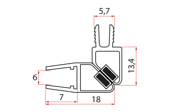 Set magnetických těsnění 45° pro sklo 6mm a profil, 1900mm (2ks)