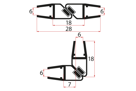 Set magnetických těsnění 45°pro sklo 6/6mm, 1900mm, černá (2ks)