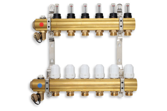 Rozdělovač 6-cestný s regul.šroubením s průt.a uzav.ventily bez kul.