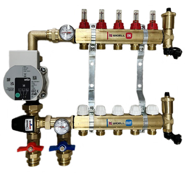 Rozdělovač podlahového vytápění 5 okruhů s el. čerpadlem, směšování 20°C - 50°C, ventily a průtokoměry WGL2050-5