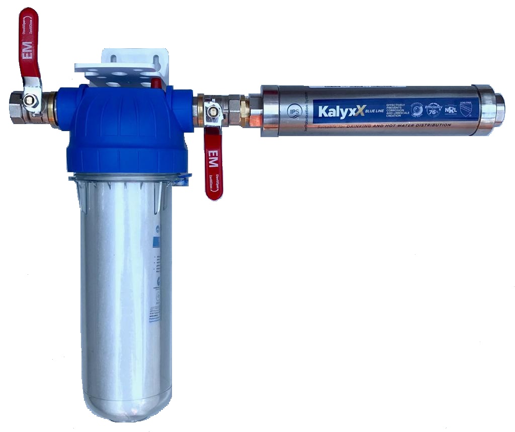 Změkčovač vody IPS Kalyxx BlueLine - G 3/4&quot; s filtrem a kohouty - horizontální montáž IPSKXG34H