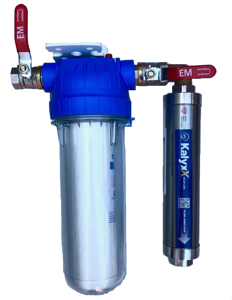 Změkčovač vody IPS Kalyxx BlueLine - G 3/4&quot; s filtrem a kohouty - vertikální montáž IPSKXG34V