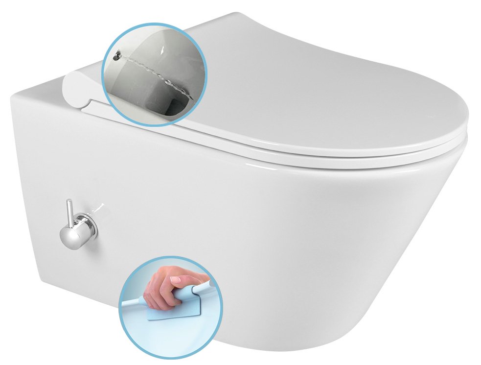 Levně AVVA závěsná WC mísa Rimless, integrovaná baterie a bidet. sprška, 35,5x53 cm, bílá 100315