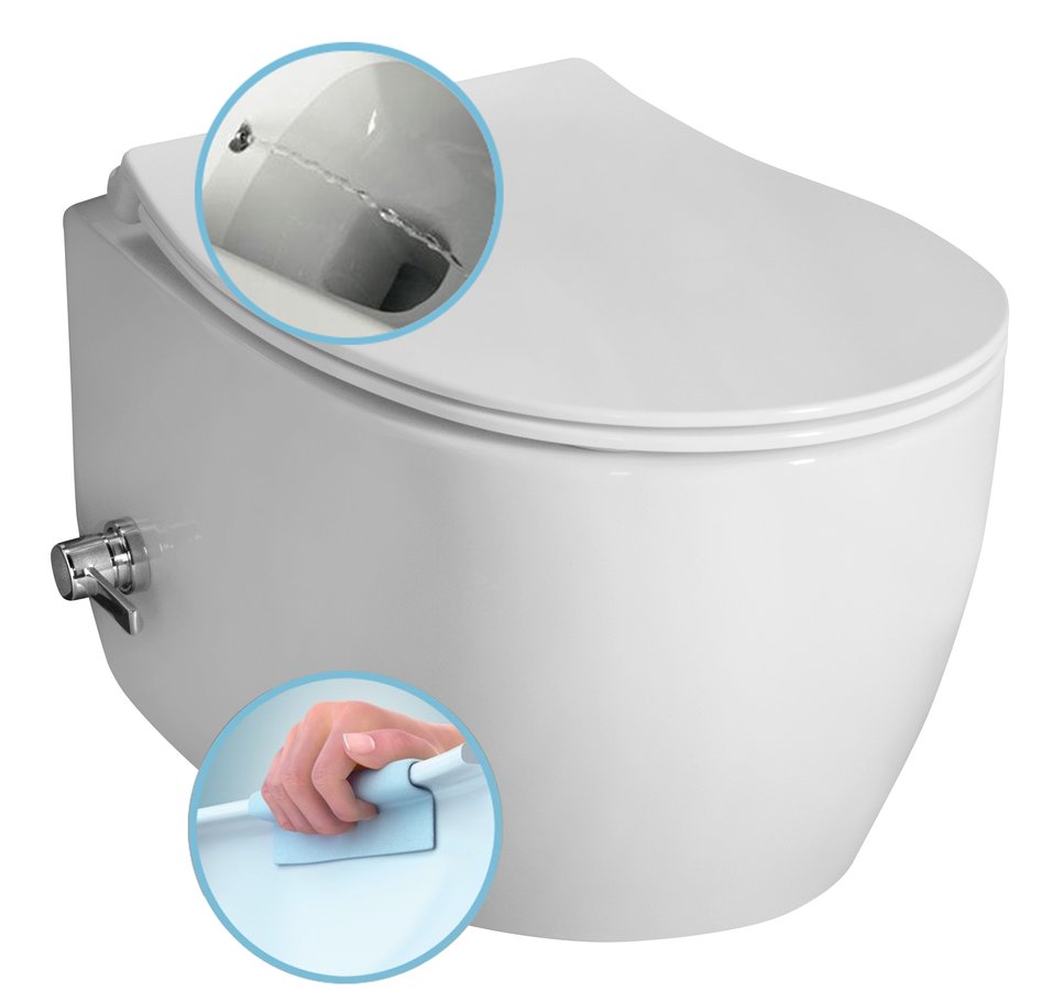 SENTIMENTI závěsná WC mísa, Rimless, integrovaný ventil a bidet. sprška, 36x51 cm, bílá 10ARS1010
