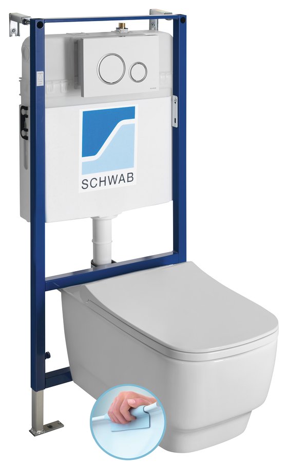 Závesné WC BELLO Rimless s podomietkovou nádržkou a tlačidlom Schwab, biela 100214-SET5